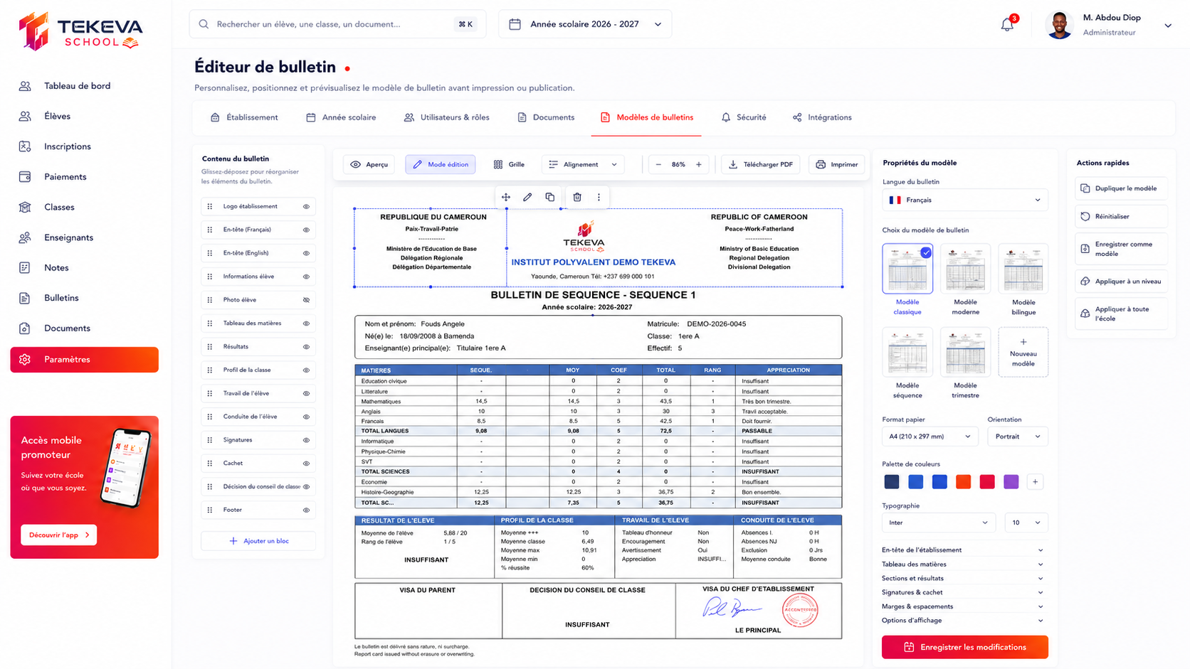 Éditeur de bulletins TEKEVA School